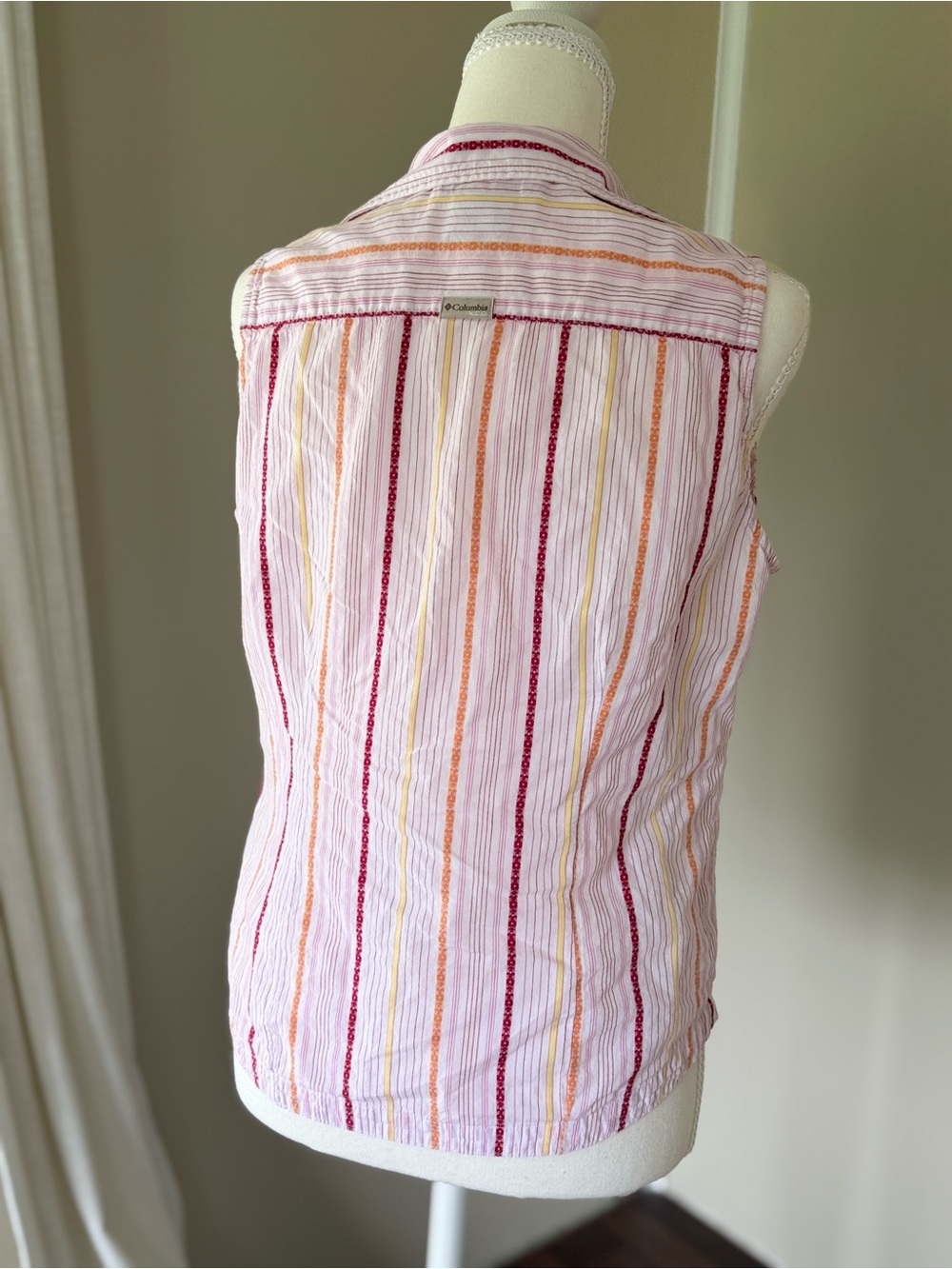 Vintage Columbia Sleeveless Pink Stripe Button-Up Shirt Collared Cotton Golf - Picture 4 of 7